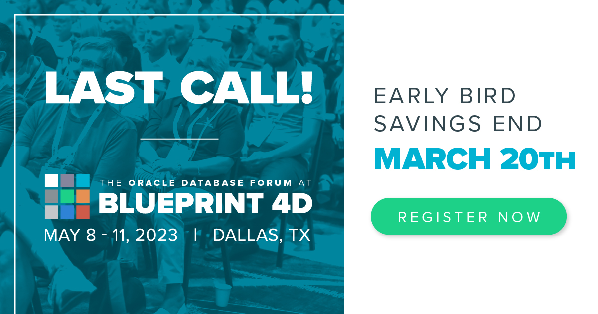 Get the latest from the Oracle Database experts and dive deep into hot topics. Save up to 40% with Early Bird pricing. 

Hurry! Early Bird deals end March 20th!   bit.ly/2023BLUEPRINT4…