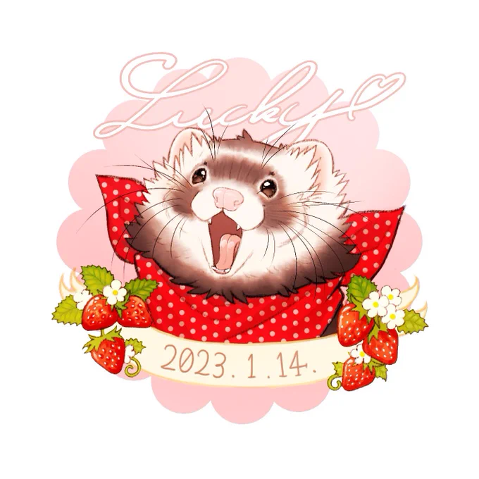 苺のデザインのフェレットちゃんの似顔絵minneにて受付しておりますスケッチの方も受付しております Design Ferret Portrait (Commission open) 