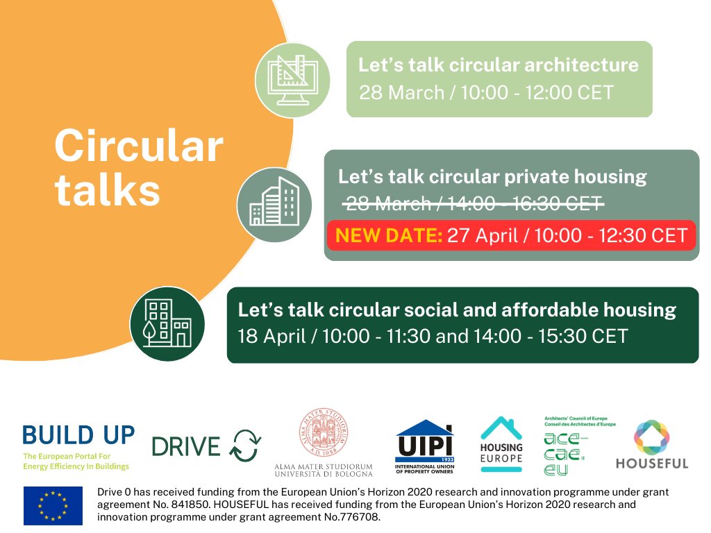 EU_BUILDUP's tweet photo. 📢LATEST NEWS❗
The session "Let's talk #circular private #housing" has a new date:
📅27th April
🕙10.00H CET
Save the date and check the #EU_BUILDUP portal to make sure you don't miss any #information about the #webinar series 👉 https://t.co/jYoNEa21Xd https://t.co/2ICN9F4S9v