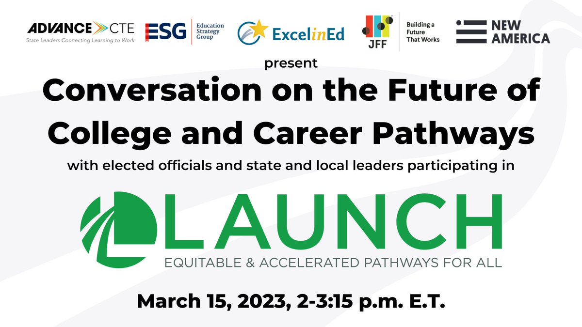 #LaunchPathways connects 11 states across two cohorts to scale equitable and sustainable college & #CareerPathways.

Join Launch on 3/15 to hear from participating education & workforce leaders, elected officials & community partners. bit.ly/40dkqch