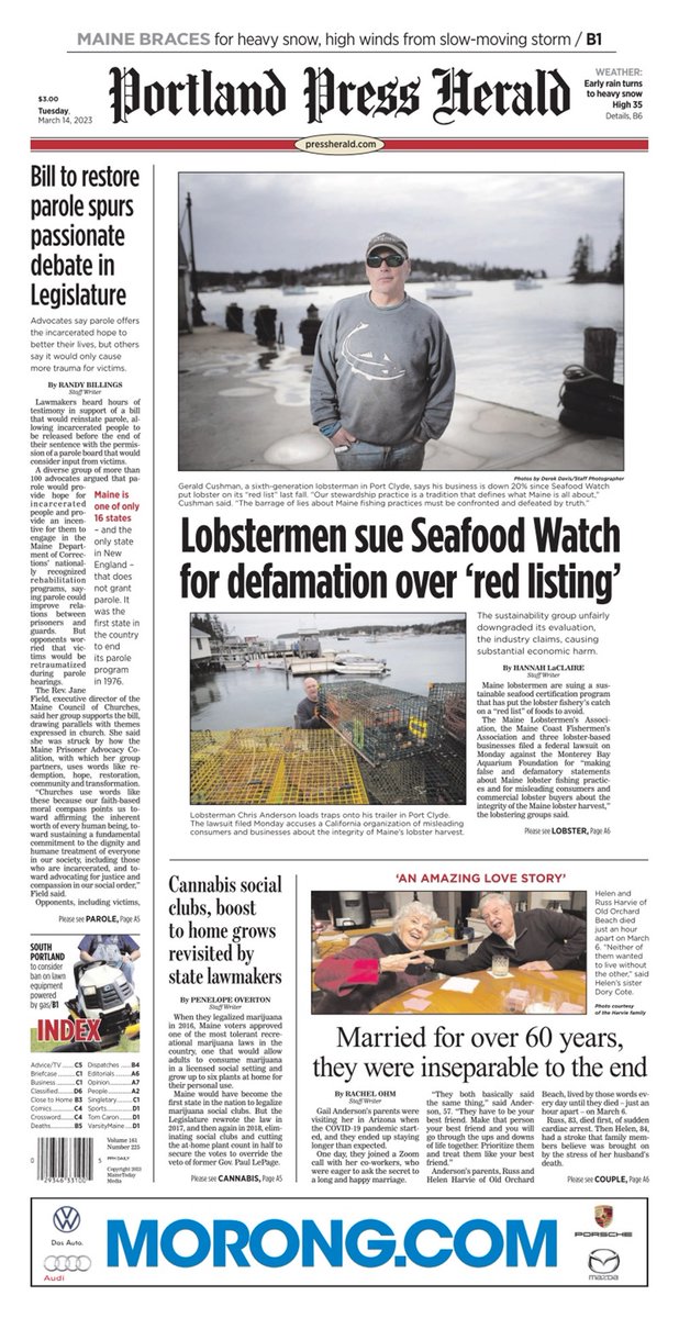 Today's Press Herald front page, Tuesday, March 14, 2023 pressherald.com  pressherald.com/ePaper
