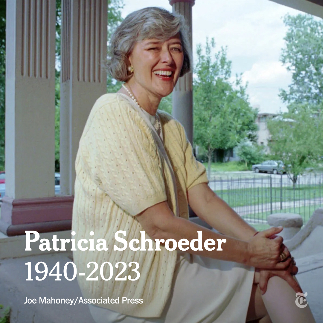 nytimes's tweet photo. Patricia Schroeder, a trailblazing feminist legislator who helped redefine the role of women in U.S. politics, died on Monday at 82. She helped steer passage of legislation on family leave, pregnancy discrimination and other progressive causes. https://t.co/sOyTAo3kMf https://t.co/556Bo3rYgB