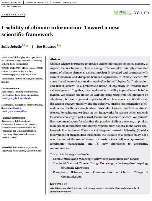 'We argue that the current methodology of climate science and its conception of objectivity are (in part) responsible for the usability gap.' - @JulieJebeile (@unibern) & @JoeRoussos (Institute for Futures Studies) in recent #WIREs paper, now in Early View orlo.uk/TnKDl