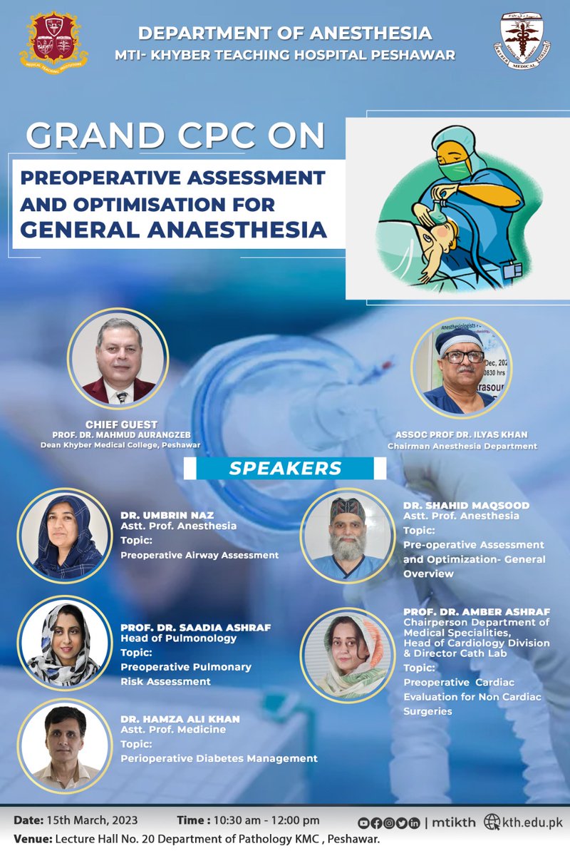 mtikth's tweet photo. Continuous knowledge sharing is KTH's in-build culture!
Department of #Anesthesia #KTH has organized a grand CPC on ‘Preoperative Assessment and Optimization for General Anesthesia’ on 15th of March, 2023 - 10:30 am at Khyber Medical College's main auditorium.
#GrandCPC #Care https://t.co/GL0wNjI4sa