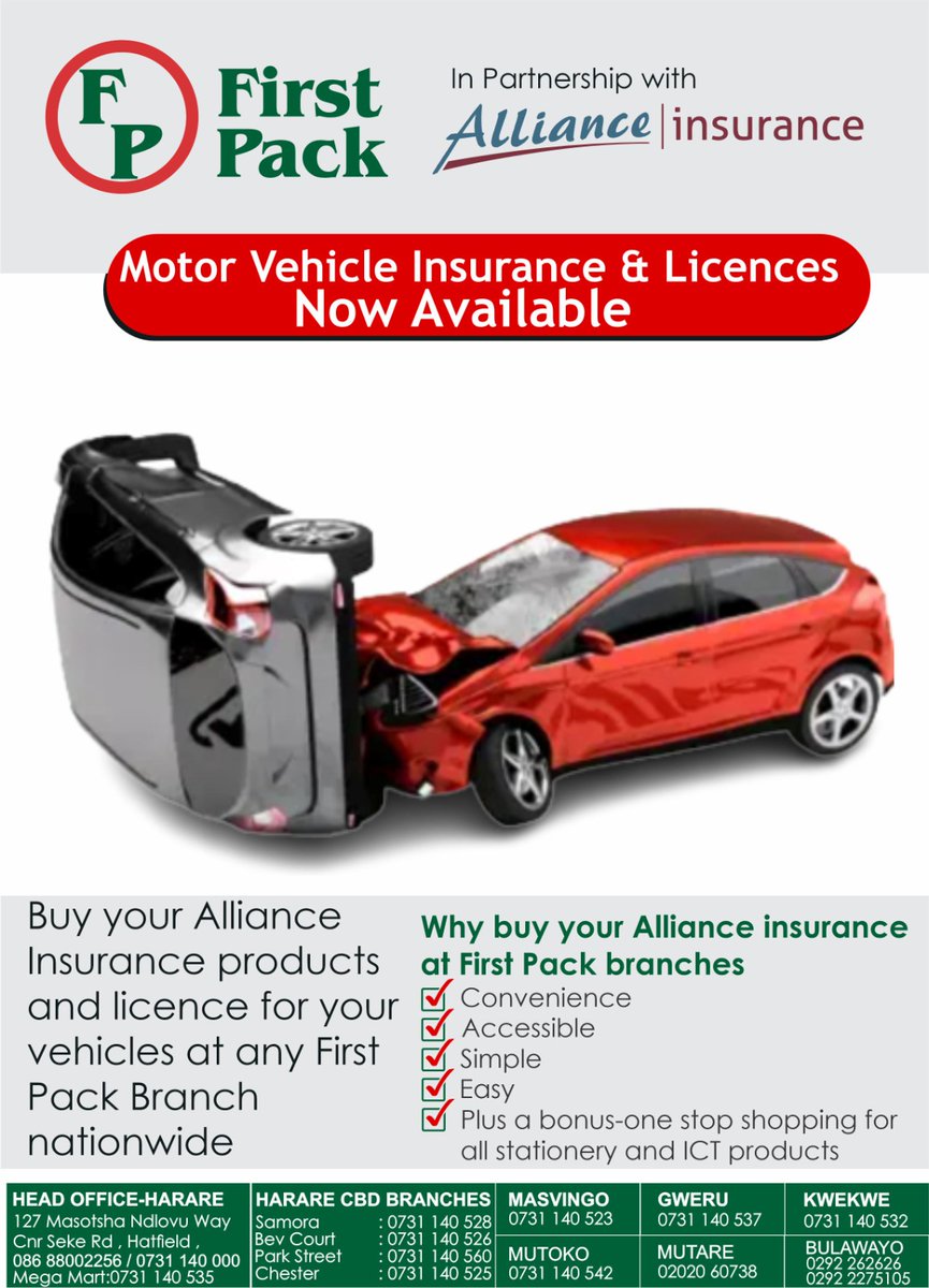 Lucky , Your Crash is Protected! Get a good insurance for your vehicle at any First Pack branch nationwide. In partnership with Alliance Insurance Company 
#AllianceInsurance  #insurance #vehicleinsurance #Zimbabwe #vehicle #cars #firstpack