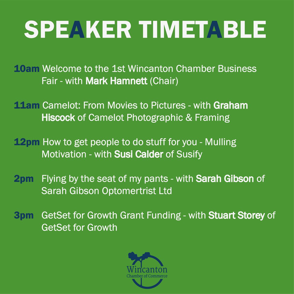 winchamber's tweet photo. Here is a timetable for our guest speakers at the first Wincanton Chamber Business Fair on the 29th of March! 

Book your free ticket here: https://t.co/sP8PUQxFtR https://t.co/Og7T4CicZR