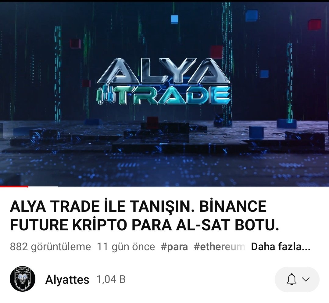 AlyaTrade ile tanışın.Kolay, Hızlı ve Zahmetsiz. 
AlyaTrade kullanıcıların fonlarını kendi hesaplarında tuttuğu, otomatik olarak Binance borsasında Vadeli işlemlere giren bir trade platformudur.
youtu.be/mP7MVI9u26Q
Telegram t.me/alyatradingbot
Web  alya.trade