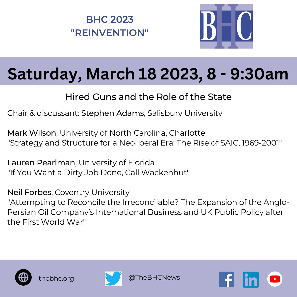 TheBHCNews's tweet photo. Great lineups on Saturday at #BHC2023 with panels on #business and the #regulation, #sellinghistory, #state, #megaprojects and much more
📅Saturday March 18 2023
🕗8 am - 9:30
More programming here https://t.co/Qmn1WMtg2r https://t.co/UD4asCHr4O