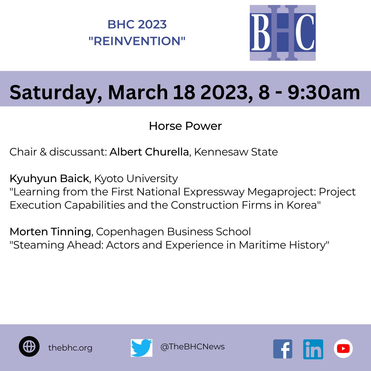 Great lineups on Saturday at #BHC2023 with panels on #business and the #regulation, #sellinghistory, #state, #megaprojects and much more
📅Saturday March 18 2023
🕗8 am - 9:30
More programming here thebhc.org/meeting-progra…