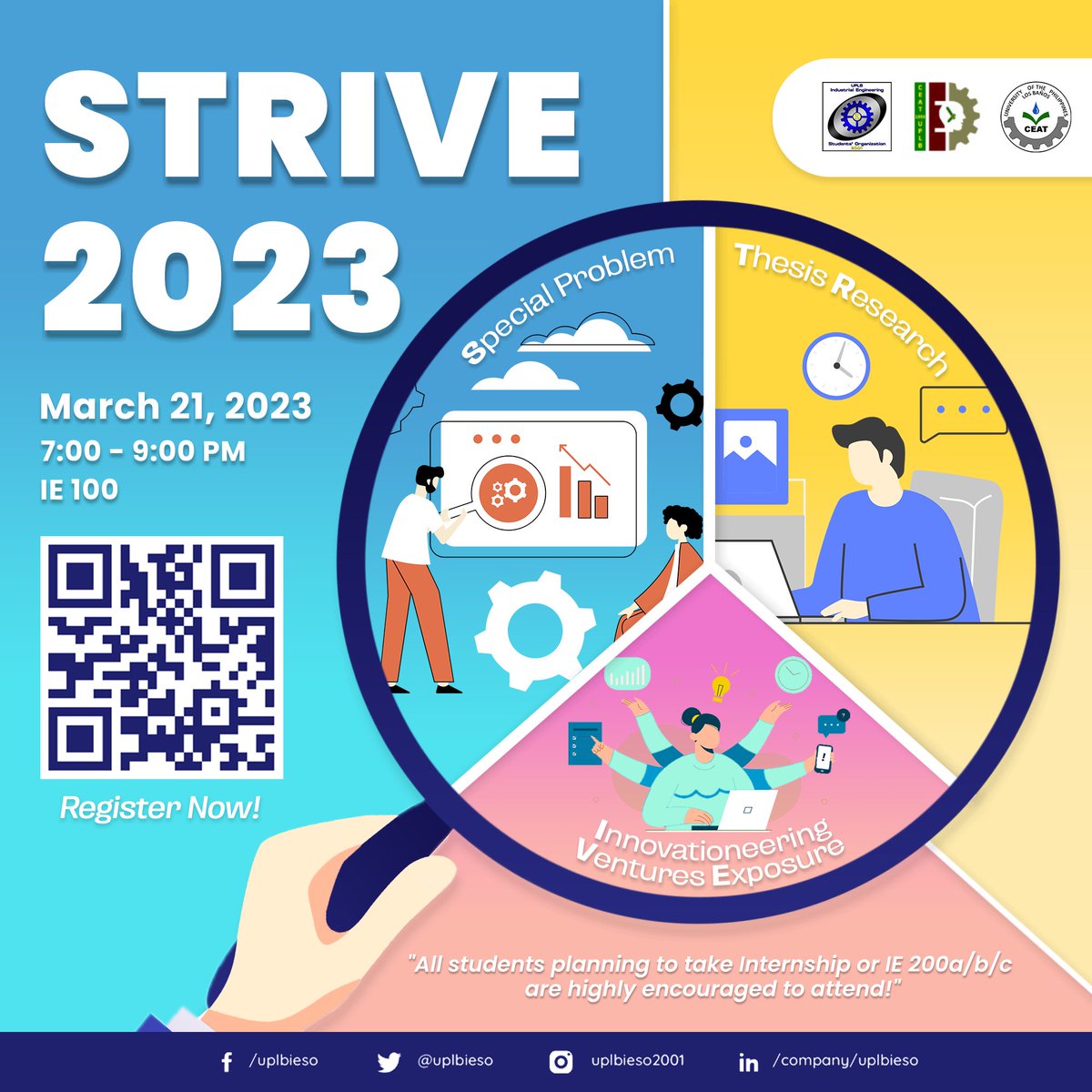 uplbieso2001's tweet photo. The UPLB DIE alongside UPLB IESO presents: 𝐒𝐓𝐑𝐈𝐕𝐄 𝟐𝟎𝟐𝟑, which will discuss details regarding Internship and Capstone Courses for 𝐔𝐏𝐋𝐁 𝐈𝐄 𝐒𝐭𝐮𝐝𝐞𝐧𝐭𝐬! 📚
Register Now and see you on March 21, 7 P.M. at Room IE 100 👋
https://t.co/LOwab4yqlq
#STRIVE2023 https://t.co/0Ld0D7INuI