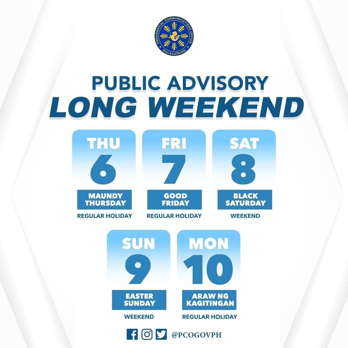 walangpasok's tweet photo. Malacañang declares April 6 and 7 as regular holidays, and moves Araw ng Kagitingan to April 10.

The long weekend will stretch from April 6 to April 10. #WalangPasok 

📸 @pcogovph  -@PhilstarNews (https://t.co/HptnMZEgO7)