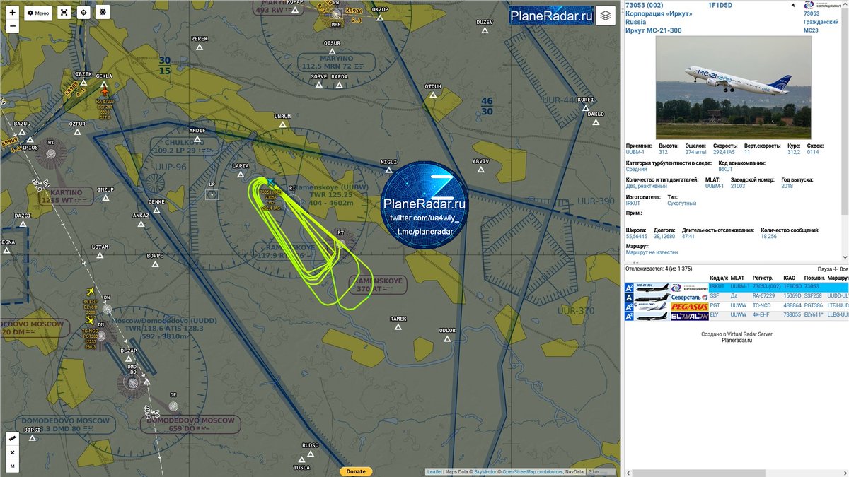 ua4wiy_'s tweet photo. 14:00 мск.
Иркут МС21 с бортовым номером 73053 (002)  , взлетевший из аэропорта Жуковский 🇷🇺 (#UUBW), производит серию сертификационных, испытательных полётов.
#Irkut #MC21 https://t.co/b3HkJgFEvR