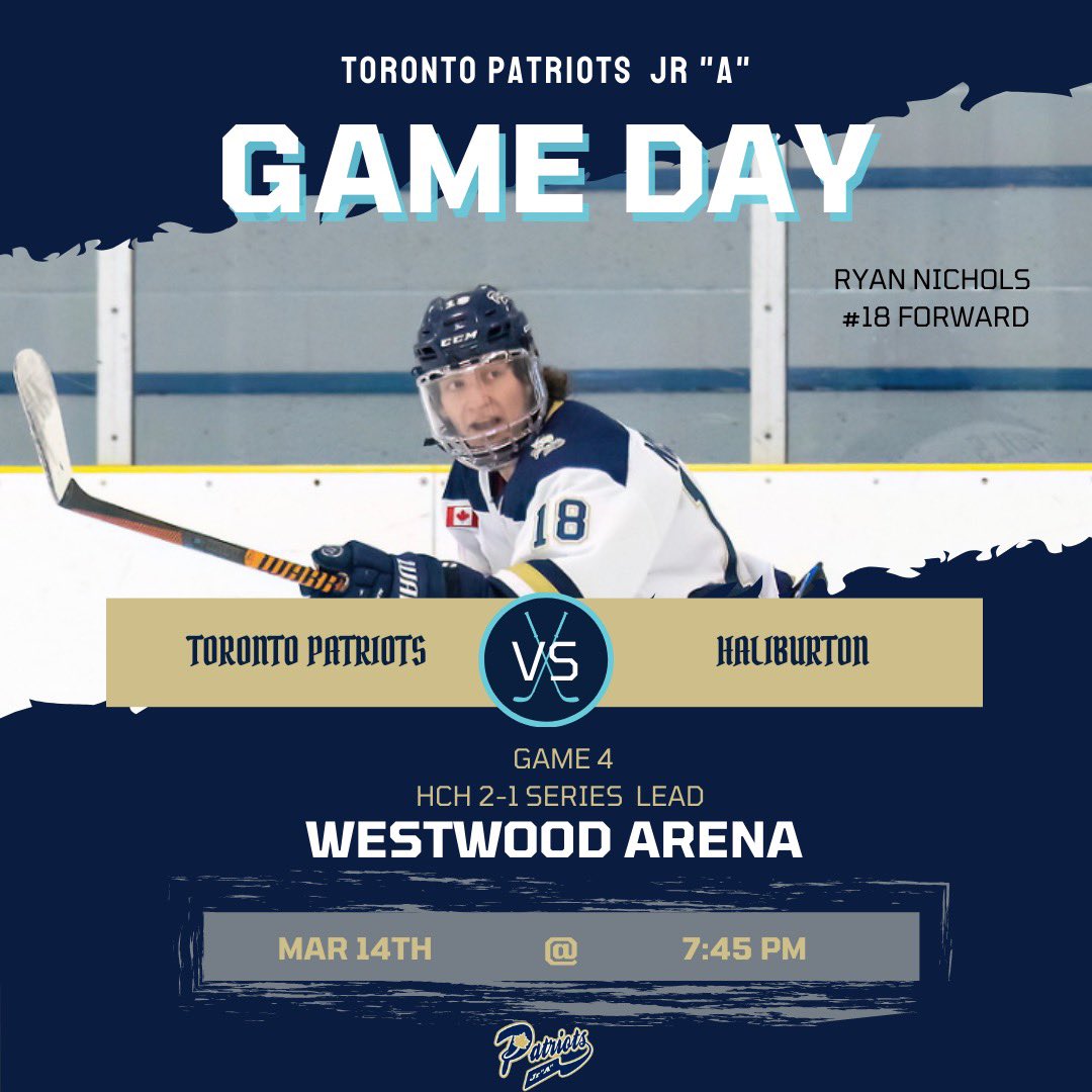 🥅Home game this evening, puck drops @ 7:45 PM, see you all there! 

Let’s Go Patriots 🐺

#BurnTheBoats #patsnation #torontopatriots #ojhl #jra