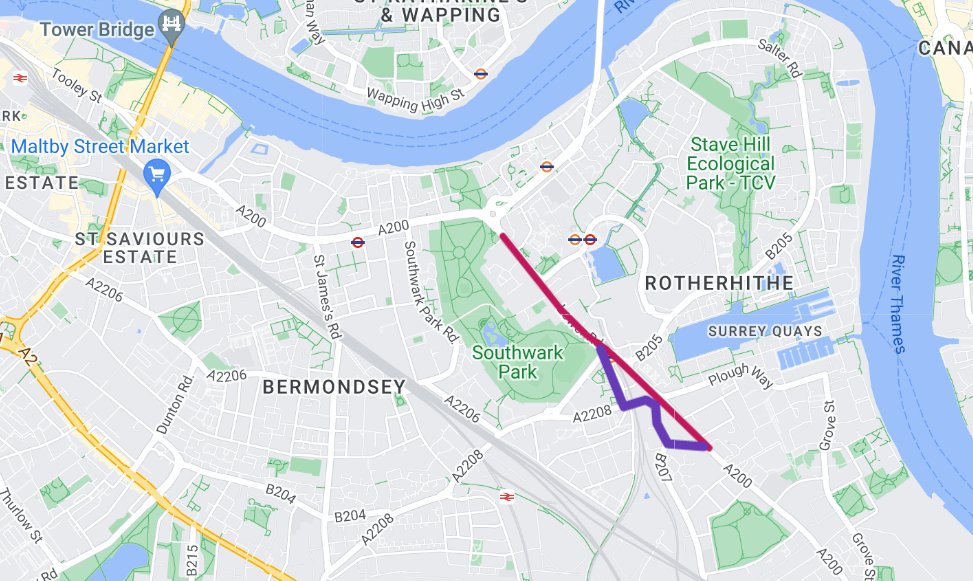 🥳 The missing #LowerRoad section of #Cycleway4 (straight line in maroon) being built now! Ultimately = safe route from #Greenwich >Tower Bridge. 

Campaigned for by our @GreenwichCycle @lewicyclists for years. Replaces a total lack of safe routes + the very dodgy purple section.
