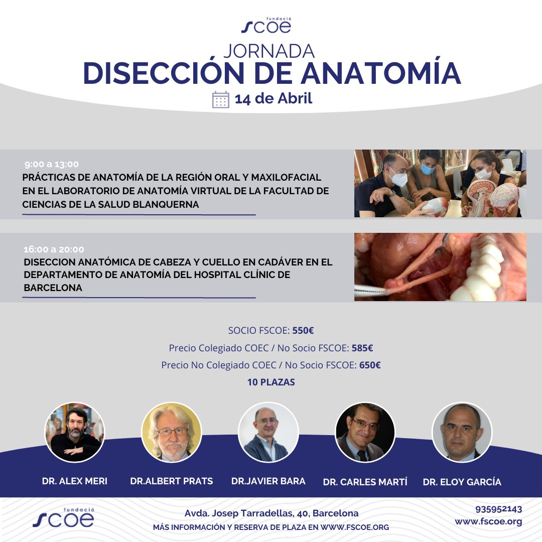El 14 de abril tienes una cita con la Jornada de Disección de Anatomía. 

✔ Prácticas de anatomía en el laboratorio de anatomía virtual de la Facultad de Ciencias de la Salud de Blanquerna

✔ Disección anatómica de cabeza y cuello en cadáver en el Hospital Clinic de Barcelona