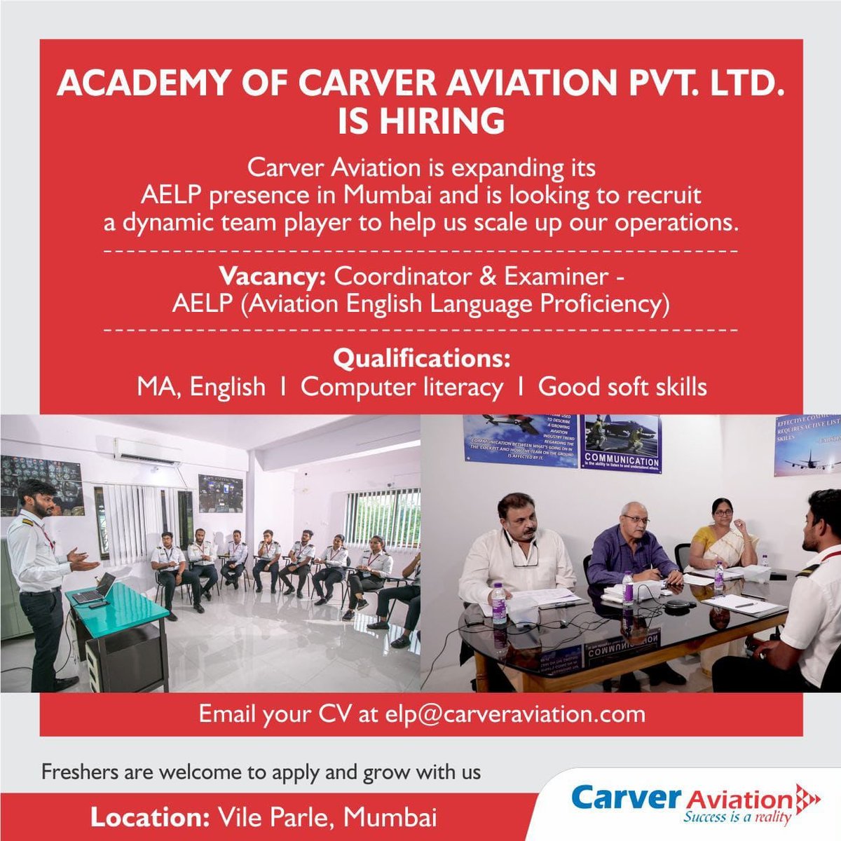 Carveraviation's tweet photo. #hiring
Carver Calling!
We are spreading our AELP presence in Mumbai!
Vacancy- Coordinator & Examiner- AELP
Location - Mumbai
Email us your resume to elp@carveraviation.com
#aelp #aelptraining #CarverAviation #carveraviationacademy #opportunity #recruitment #job #employment https://t.co/CLihA2xMOB