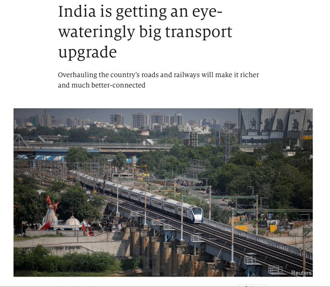 TheCredibleLens's tweet photo. At 1st West ignored #India, then criticized &amp; tried to derail progress but now it is forced to acknowledge its might
The Economist: Long known for its rattling train journeys, snarled roads, India is experiencing an infrastructural makeover unseen outside China
#BrandIndia https://t.co/0FqwMdR6w9