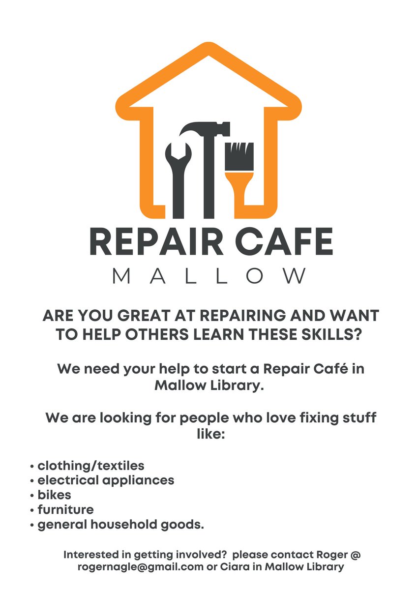 Can you help get a Repair Cafe in #mallow off the ground. If you are a fixer or have repair skills and can help to volunteer at the weekend please get in touch with rogernagle@gmail.com  <a href="/KillavullenMkt/">KillavullenFarmerMkt</a>  <a href="/theculinarycelt/">Cathy aka The Culinary Celt</a> <a href="/MallowDevtPship/">Mallow Dev't P'ship</a>  <a href="/carrigoon/">Mallow GAA</a>