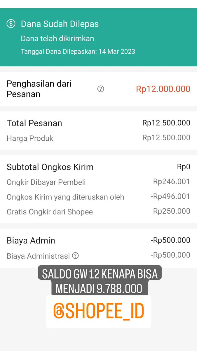 FingerBlues's tweet photo. JUALAN DI MARKET PLACE SHOPEE SANGAT RUGI SEKALI!!! MODAL GA SEBERAPA.. NAMUN KESALAHAN SISTEM @ShopeeID SEHINGGA SALDO PENJUALAN SAYA BERKURANG BANYAK MELEBIHI KAPASITAS BIAYA LAYANAN 4% ... TOLONG DI URUS !! SALDO PENJUALAN SAYA YANG SEHARUSNYA 12JT BUKAN 9.788.000 !!!!!!! https://t.co/P6OaEu87ar