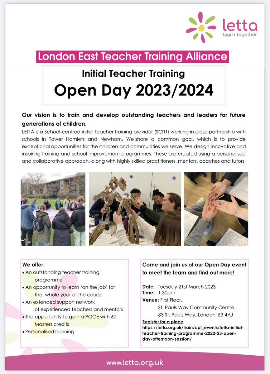 LETTA_Training's tweet photo. Would you like to become a teacher? Come along to our open day on Tuesday 21st March and learn all about our outstanding teacher training programme. #towerhamlets #newham #hackney #letta #futureteacher #teacher #training #outstanding #eastlondon #teaching #teach #primary #send https://t.co/3CUp5eQnVs