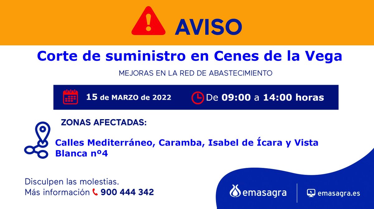 Emasagra's tweet photo. ⚠️Corte de suministro programado en #CenesDeLaVega 
¡ Prepárate para el corte de #Agua ! 
ℹ Más información: 
☎️900 444 342 
💻Seguimiento https://t.co/AdtO5EE2hL 
🙏Disculpen las molestias 
Cc/ @aytocenesvega @PCivilCenes https://t.co/OleMxzeyKz