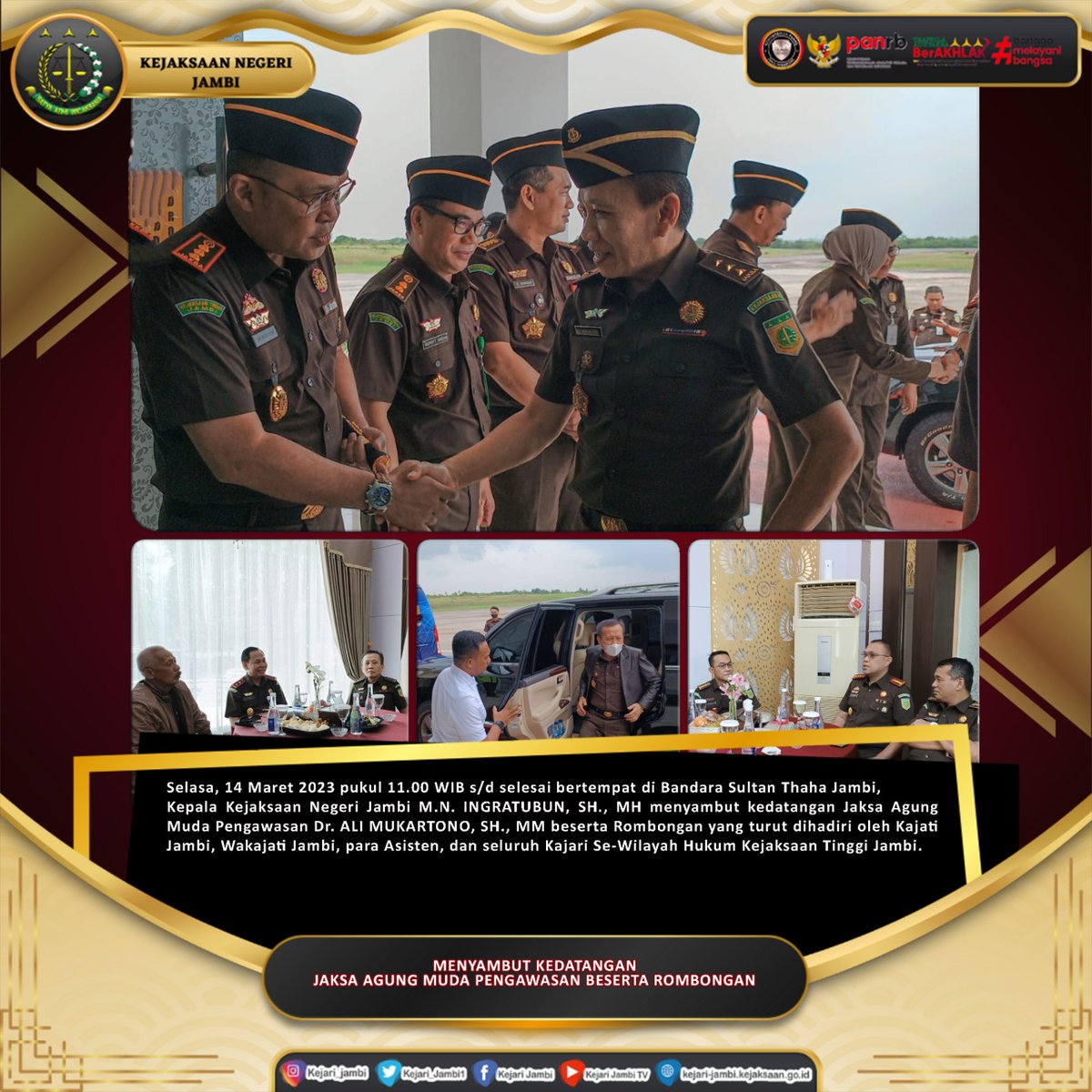 Kejarijambi1's tweet photo. Menyambut Kedatangan Jaksa Agung Muda Pengawasan Beserta Rombongan..
Kejaksaan Negeri Jambi
B.I.S.A
Bermartabat..
Integritas..
Sinergisitas..
Akuntabel..
@kejaksaan.ri @kemenpanrb @kejaksaanrb @jaksa_agungri @kejaksaanagung_r.i @rbkunwas
#menyabutkedatangan #jamwas https://t.co/NnbtyiRRZ4