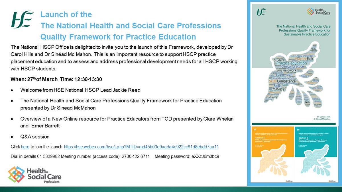 Want to learn about the National Health and Social Care Professions Quality Framework for Practice Education &amp; how to access a new resource to support practice educators? Join us for the Launch on Monday 27th March 12:30👇<a href="/JackieAReed/">Jackie Reed</a> <a href="/fionamelia123/">Fiona Melia</a> @ruthkilcawley @EWalshGalway