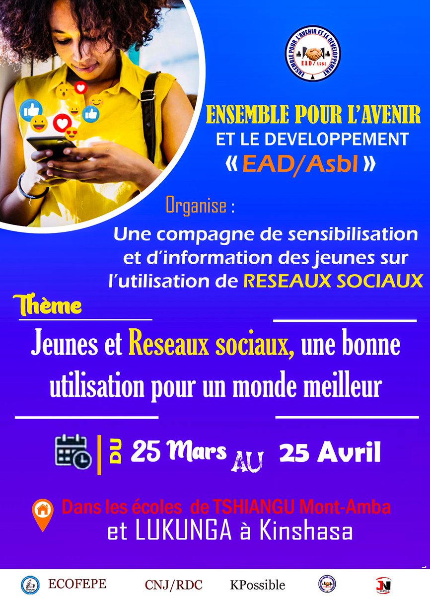 l'EAD ASBL sera sur terrain du 25 mars au 25 avril pour sensibiliser et informer les jeunes du bon côté des réseaux sociaux et leurs utilisations.
Ensemble nous sommes fort ✊,@acofepe_rdc @AmbSuisseRDC @CnjRDC @CarterCenter @Eugene_kandolo