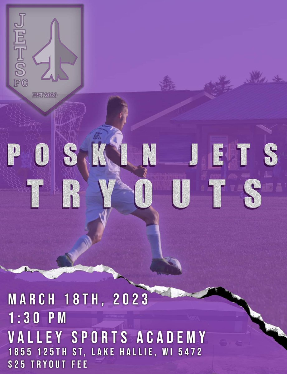 PoskinJetsFC's tweet photo. The time has come! Our tryouts are this Saturday at 1:30. DM us to register! If there are any questions please contact us. We look forward to seeing you all!

Please share this flyer with anyone that may be interested.

#JETSFC #Tryouts #FlightClub ✈️ https://t.co/tM7a3h5vaU