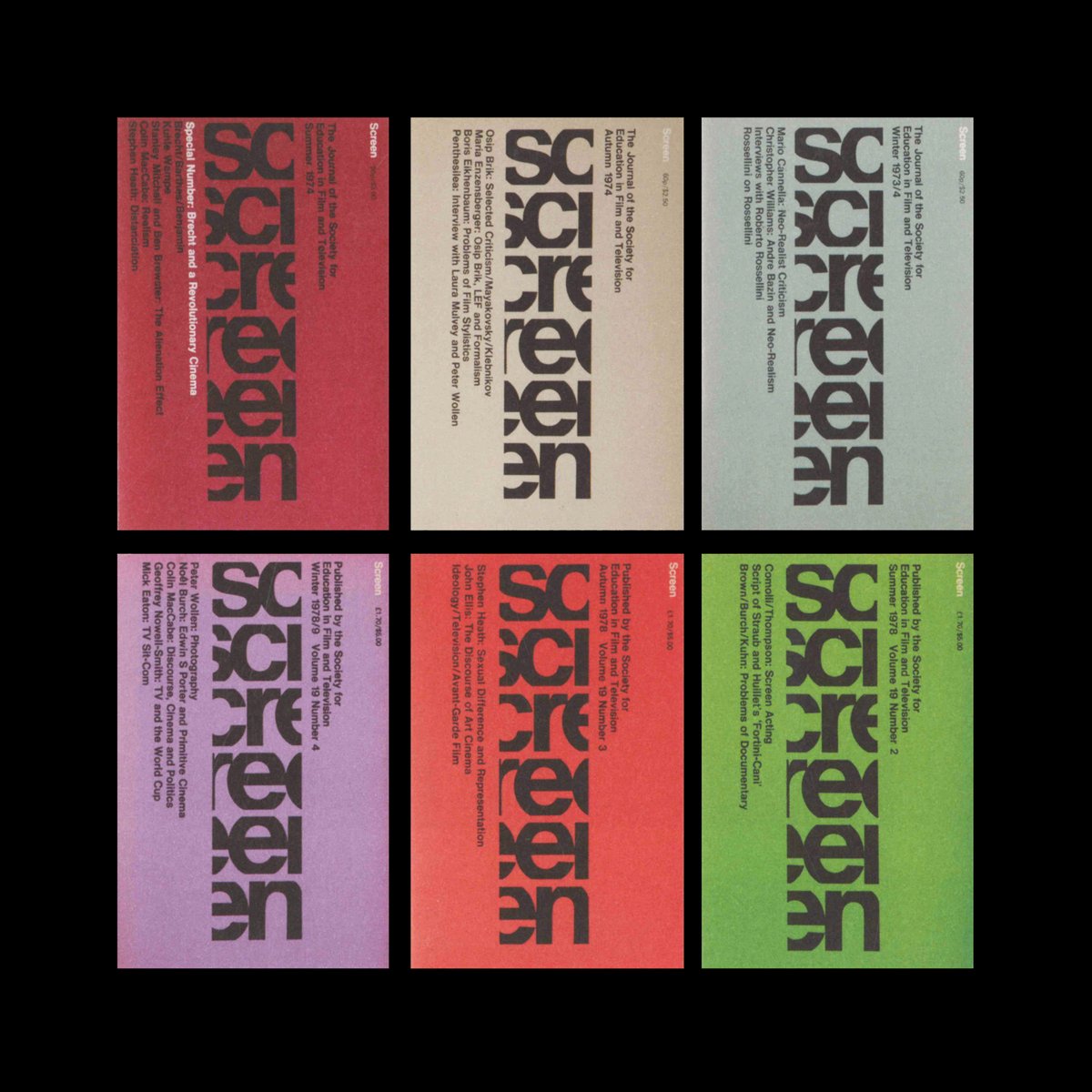 DesignReviewed's tweet photo. Screen - Quarterly Journal of the Society for Education in Film and Television. 1971-79. Designed by Gerald Cinamon. Scanned from Graphic Design, Gerald Cinamon, 2013. https://t.co/KMQ34zdYvn #GeraldCinamon #typography #bookdesign https://t.co/y0IuzJKY6W