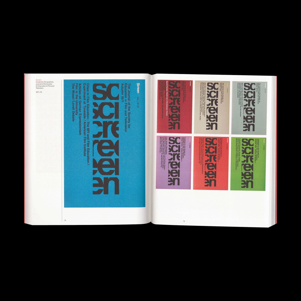 DesignReviewed's tweet photo. Screen - Quarterly Journal of the Society for Education in Film and Television. 1971-79. Designed by Gerald Cinamon. Scanned from Graphic Design, Gerald Cinamon, 2013. https://t.co/KMQ34zdYvn #GeraldCinamon #typography #bookdesign https://t.co/y0IuzJKY6W