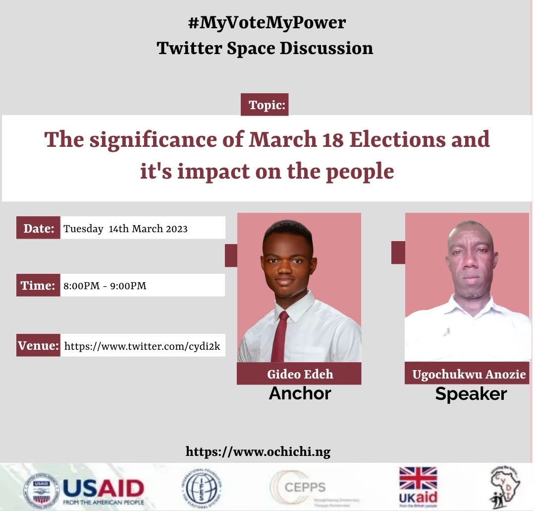 AmakaAngel18's tweet photo. Join us by 8p.m
⁦@cydi2k⁩ ⁦@IFES1987⁩ 
#myvotemypower https://t.co/QdFFdlwCn4