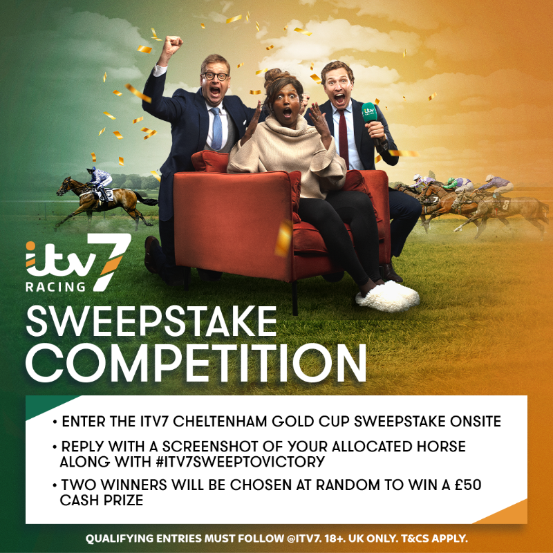 ITV7Racing's tweet photo. 🚨 𝗦𝘄𝗲𝗲𝗽𝘀𝘁𝗮𝗸𝗲 𝗖𝗼𝗺𝗽𝗲𝘁𝗶𝘁𝗶𝗼𝗻 🚨

For the chance to win one of 2x £50 cash prizes, simply:

- Enter the #ITV7 Gold Cup Sweepstake
- Follow @itv7 
- Reply with a screenshot of your allocated horse &amp; include #ITV7SweepToVictory

Winners announced tomorrow at 10am