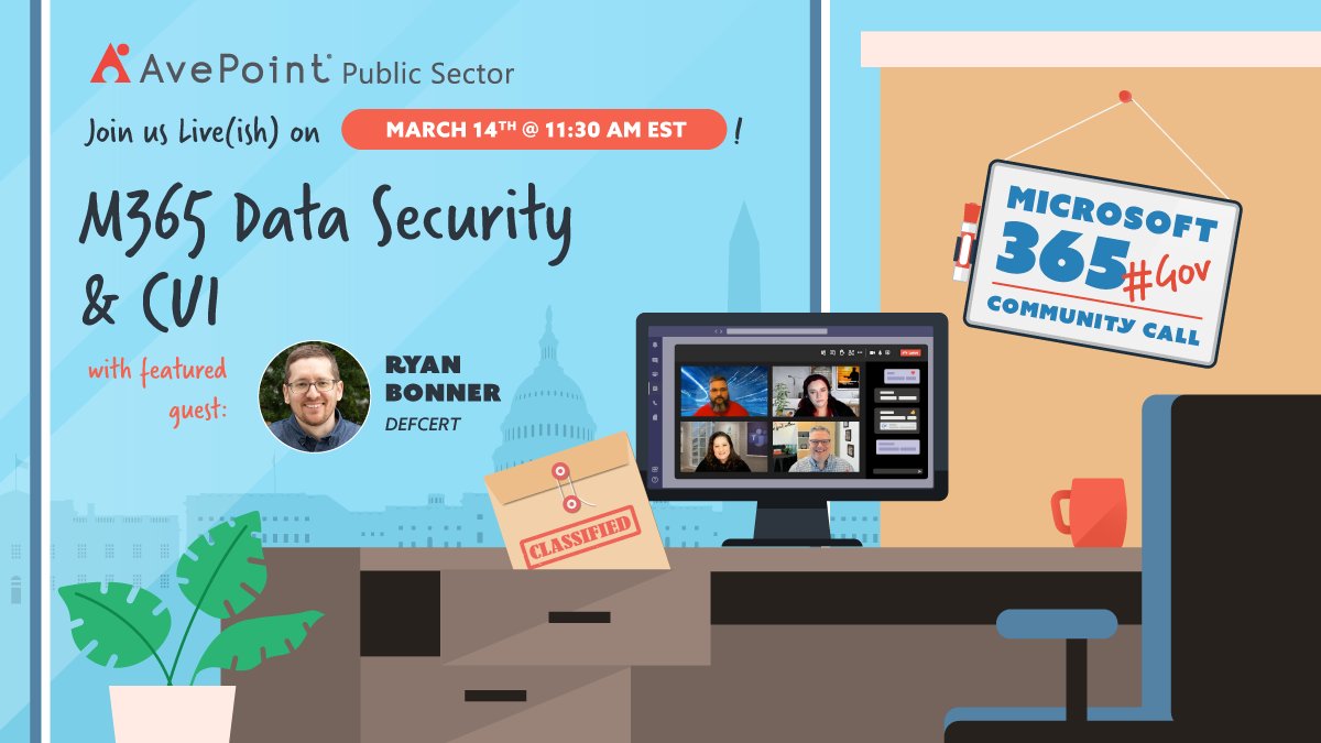 AvePoint's tweet photo. Our March episode of the #M365GovCommunityCall is next week!

Our hosts will be joined by the founder and CEO of DEFCERT, Ryan Bonner, to discuss the usual #GOVCOM events, news, and roadmap updates.

Join the conversation here: https://t.co/3U2wYFKfFW https://t.co/RLhjBQtX9M