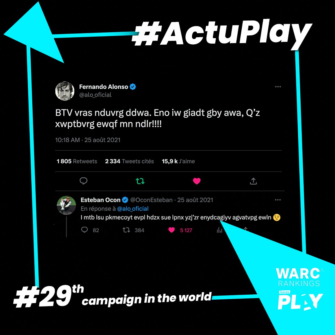 HavasPlay_FR's tweet photo. 11e agence au Warc #Media100 ! 🔥
On place également 3 de nos campagnes dans le top 100 avec :  

🕶 NAverse #27
🏎 Alpine Coded Tweets (cc @HavasParis) #29
🎮 Validé in GTA #45 

@WARCEditors #WARCRankings https://t.co/6TnE2ylk0O