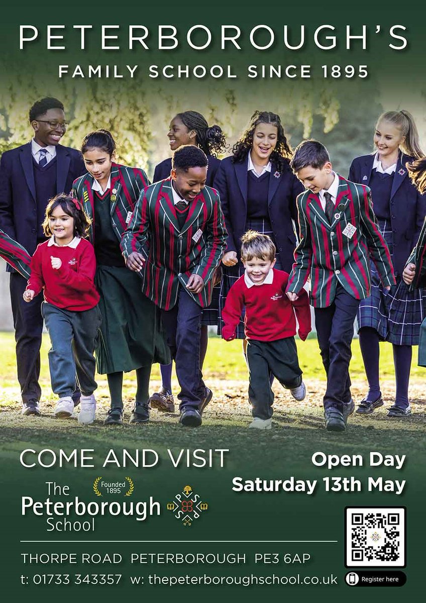 peterboroughsch's tweet photo. Come and visit The Peterborough School on Saturday 13th May from 9.30am - 12.30pm to meet our friendly students and talented teaching staff. Places available from Nursery - Sixth Form.
Use the QR code to register or sign up here: https://t.co/yVejEYta7S https://t.co/FTHx4JHJ4h