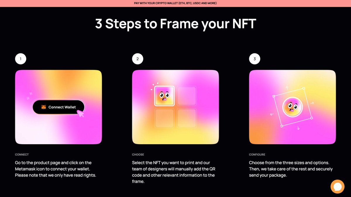 NFTframe_io's tweet photo. You can order your #NFTframe in 3 steps!
๐ธ Step โถ : Connect your @MetaMask-Wallet
๐ธ Step โท : Select the #NFT you want to print
๐ธ Step โธ : Choose the size and options
The team will take care of the rest ๐ซก
#NFTframes #NFTs #DigitalArt #Opensea #Crypto #NFTart #BAYC #ETH https://t.co/aI05QO1KKG