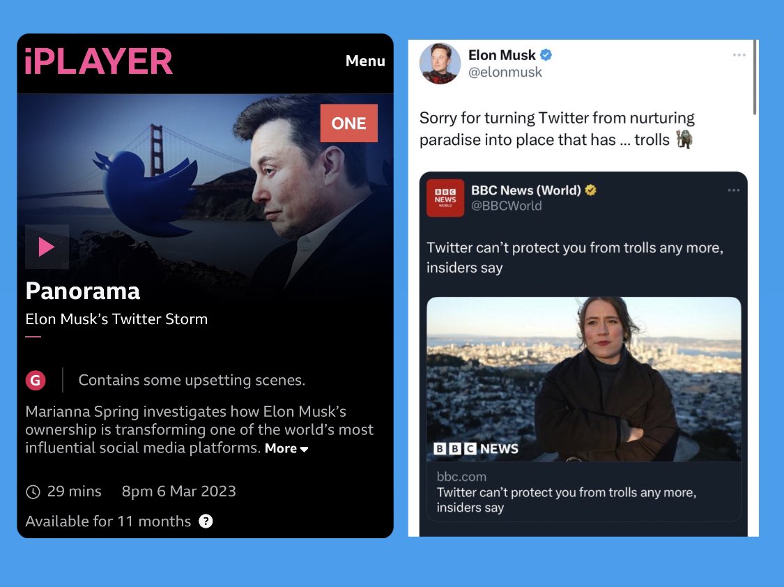 mariannaspring's tweet photo. @GaryLineker @Twitter @elonmusk Really sorry to see this Gary. In my latest investigation for BBC Panorama, Twitter insiders reveal the site under Musk can no longer protect users from trolling and harmful content. https://t.co/XydyylPBCG

This was Musk’s tweet in response, which triggered more hate👇 https://t.co/DSkBkDwDQ6