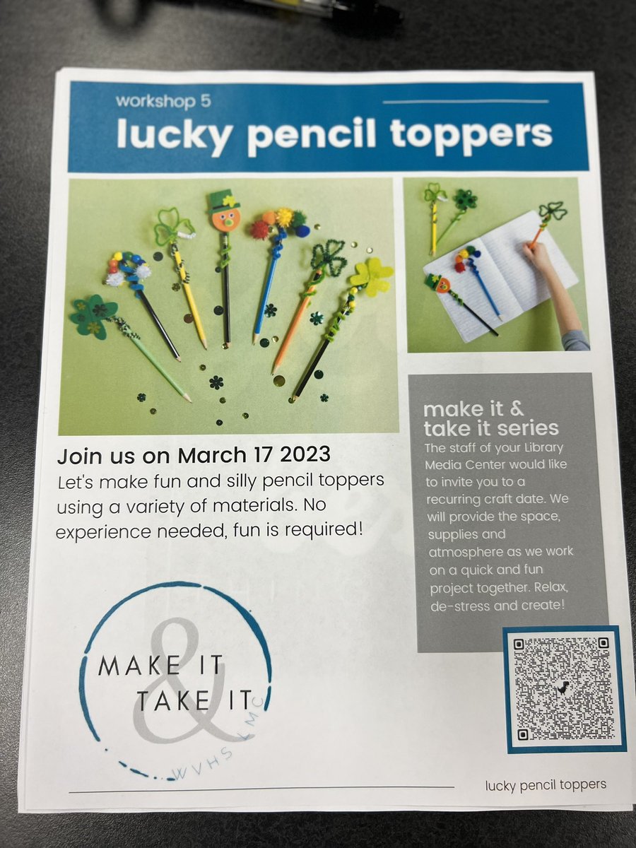 It’s #makeittakeit week in the LMC!  This week join Mrs. Arain and make these Lucky Pencil Toppers. Available during all lunches and as Take Home kits. Be sure to stop in and wish Mrs. Gorkis a #HappyStPatricksDay, it’s her favorite holiday!