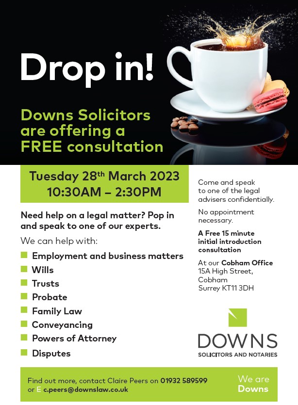 Whether you have a question on your house move or an employment matter we can help.  

We are holding a legal drop in on Tuesday 28 March from 10.30am-2.30pm at our #Cobham office.  

Just pop in!   

#legaladvice #wills #movinghome #businessdispute #cobhambusiness