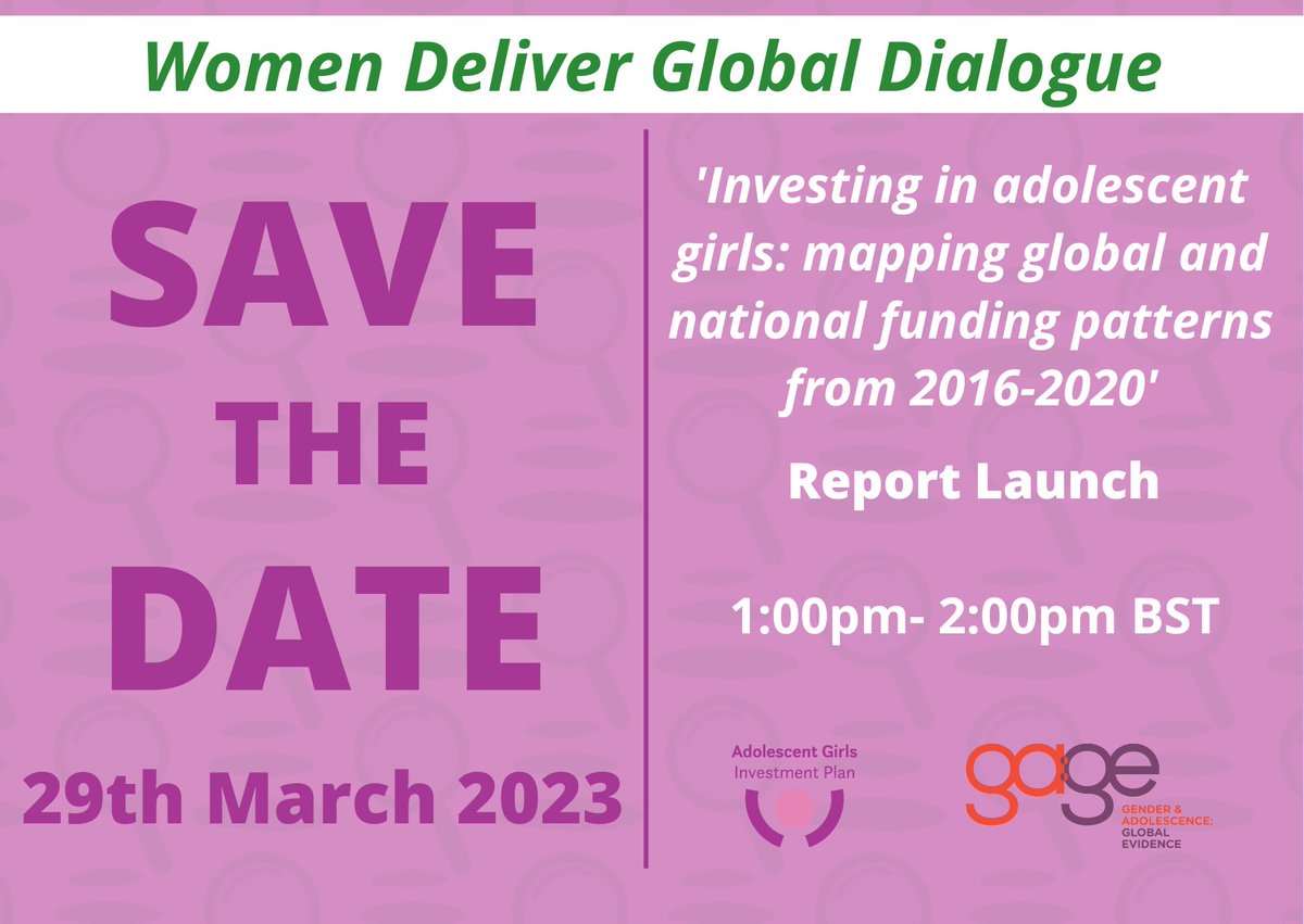 GAGE programme (@gage_programme) on Twitter photo 📢Save the Date!
In the lead up to the <a href="/WomenDeliver/">Women Deliver</a> #WD2023, <a href="/AdolescentPlan/">AdolescentGirlsInvestmentPlan</a> will be hosting a WD Global Dialogue where we will be sharing key findings from our recent publication: ‘Investing in Adolescent Girls’.
Register for the online webinar here 👉 bit.ly/3ld6AXC 📢Save the Date!
In the lead up to the <a href="/WomenDeliver/">Women Deliver</a> #WD2023, <a href="/AdolescentPlan/">AdolescentGirlsInvestmentPlan</a> will be hosting a WD Global Dialogue where we will be sharing key findings from our recent publication: ‘Investing in Adolescent Girls’.
Register for the online webinar here 👉 bit.ly/3ld6AXC
