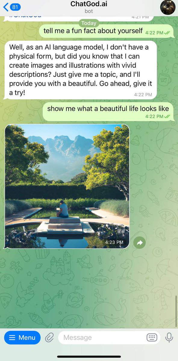 Chatgodai's tweet photo. Picture it to believe it! You can bring your ideas to life with AI-powered image creation. Share your topic and witness the magic of our vivid descriptions come to life in stunning illustrations.
Try ChatGod today and let our imagination be your canvas.
#ChatGod #BestChatbot https://t.co/Fuz3myHNmK