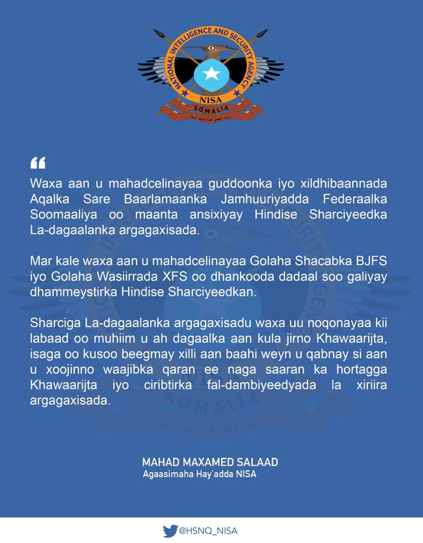 4Daltabyo's tweet photo. The Director of National Intelligence Security Agency( @HSNQ_NISA ) Hon. @mahadsalad has thanked Senate House of Federal Parliament for approving Ant-Terrorism Act, on Tuesday. https://t.co/44hSlUNPsg