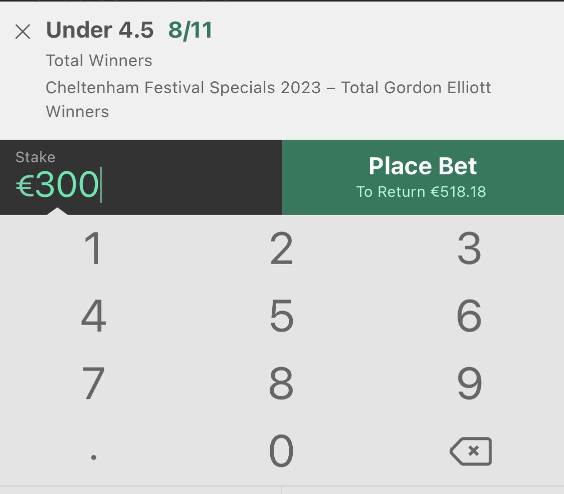 riskfreeduck's tweet photo. Nobody else can guarantee you profits during Cheltenham. With my bets there is zero risk involved as you will never lose. Making €49 if Elliott trains 5 or more winners across the whole festival and €3 even if he doesn’t. 

#Cheltenham #Cheltenham2023 #CheltenhamFestivaltips https://t.co/aGRUa300GZ