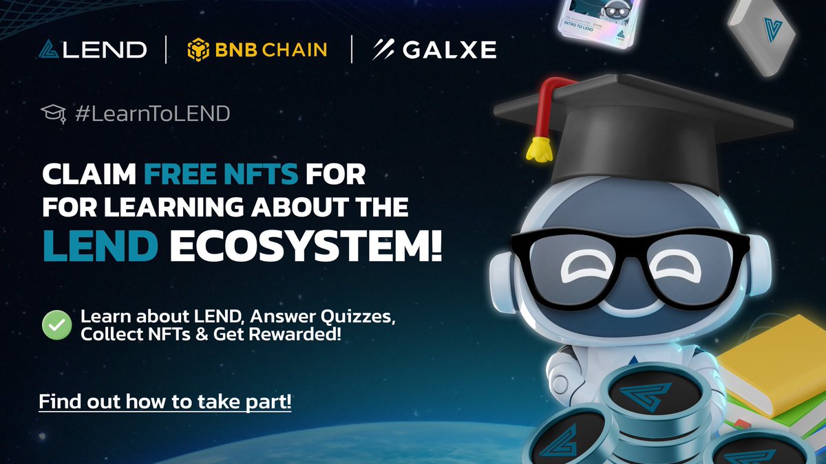 Crypto_Gisteen's tweet photo. 📣Discover #LearnToLEND the new #NFT adventure on @BNBCHAIN !🏝
📚Learn about the multichain LEND #DeFi experience, collect #NFTs powered by @Galxe & other fantastic rewards!😍
1️⃣Read the LEND gitbook
2️⃣Complete quizzes
🎁Collect rewards
📖Full Details:
https://t.co/tHp8JLghqd https://t.co/d2FUjlHHKV