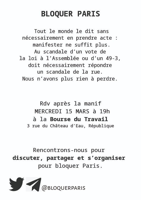 bloquerparis's tweet photo. 💥BLOQUER PARIS💥

Rencontrons nous mercredi soir après la manif, à 19h à la bourse du travail, 3 rue du château d'eau (République) https://t.co/Lilk6Bifhv