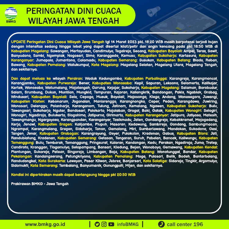 infoBMKG's tweet photo. Update Peringatan Dini Cuaca Wilayah - Jawa Tengah Tgl. 14 Maret 2023 pkl. 18:50 WIB
Prakirawan - BMKG - Jawa Tengah
https://t.co/HK102BLCAY https://t.co/N3StY9H4Wi