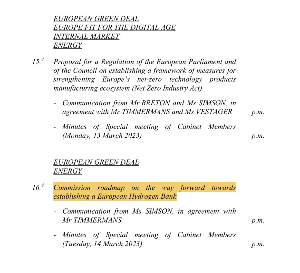 According to the @EU_Commission agenda, the EU #HydrogenBank Roadmap will be discussed in the College meeting on Thursday 16 March!