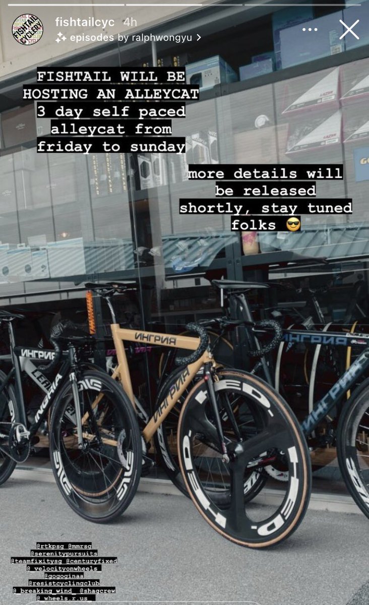 yooo local bike shop Fishtail Cyclery is organising a 3 day self-paced alleycat from Friday to Sunday (i assume its this weekend)

just putting this here in case folks who are into cycling arent on ig 😬