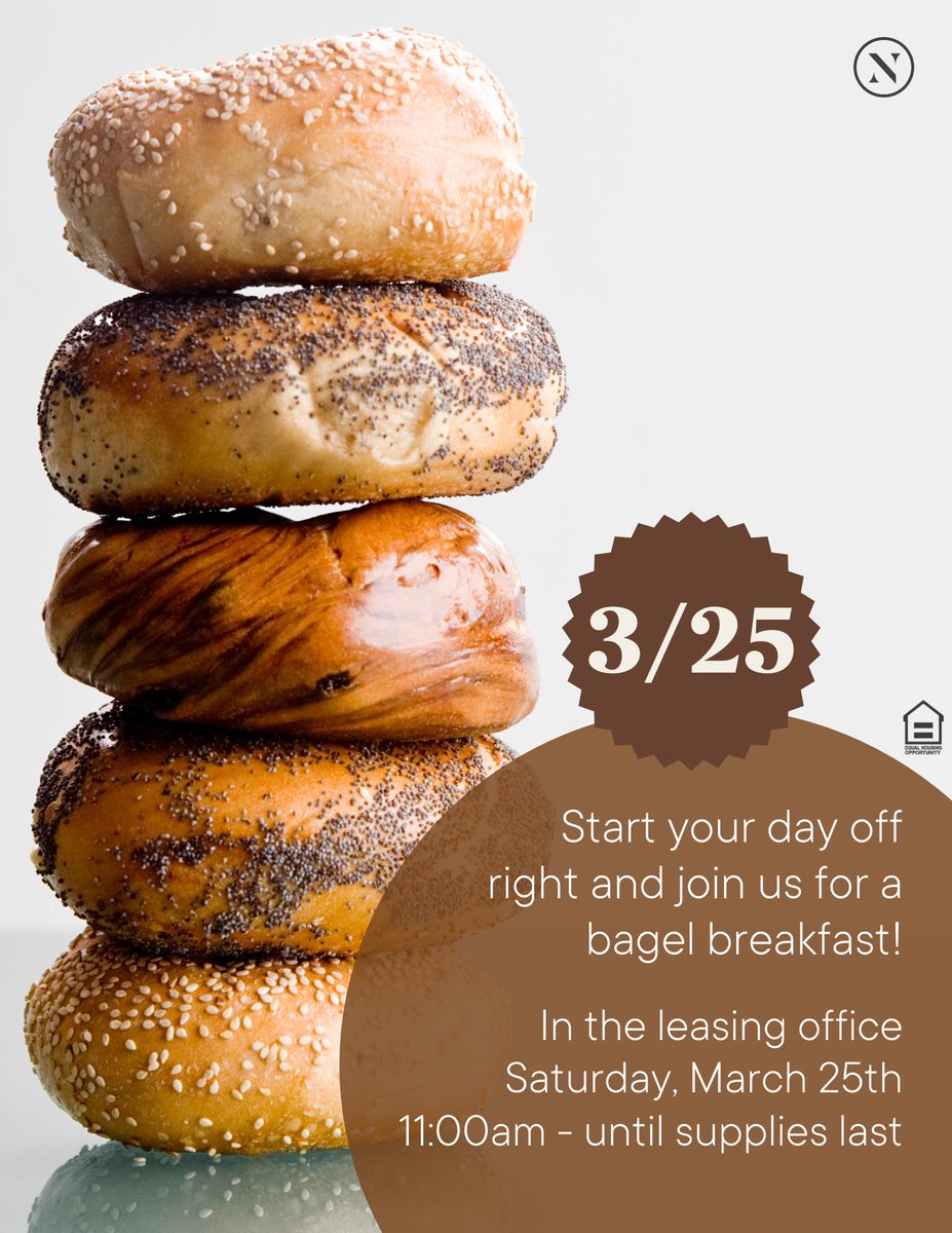 heathbrookapts's tweet photo. Save the Date! Start your weekend off with breakfast on us!
Saturday, March 25th - 11 AM while they last

#WeLoveOurResidents #Ocala #LuxuryRentals #WeekendVibes #Bagels #Community #lovewhereyoulive #residentevents #Breakfastonus https://t.co/xdgKdOGaVv